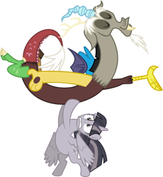 Size: 3480x3783 | Tagged: safe, anonymous artist, artist:missbeigepony, edit, imported from derpibooru, discord, twilight sparkle, alicorn, draconequus, pony, three's a crowd, bipedal, discorded, discorded twilight, eyes closed, female, glass of water, high res, holding, implied straight, lifting, male, mare, simple background, transparent background, twilight sparkle (alicorn), twilight tragedy, vector