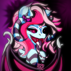 Size: 3000x3000 | Tagged: safe, artist:umbrapone, imported from derpibooru, oc, oc:razor smile, demon, demon pony, pony, abstract background, adoracreepy, bat ears, bat wings, black lipstick, black sclera, bow, bust, creepy, cute, fangs, glowing, glowing eyes, hair bow, horns, lipstick, long tongue, looking at you, metal as fuck, no iris, pink mane, red eyes, smiling, smiling at you, solo, striped tongue, stripes, tongue out, wings