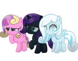 Size: 1014x788 | Tagged: safe, artist:be_yourself, imported from derpibooru, princess skyla, oc, oc:nyx, oc:snowdrop, alicorn, pegasus, pony, alicorn oc, colored wings, female, filly, foal, frown, hoof on chin, hooves, horn, movie accurate, pegasus oc, raised hoof, shading, simple background, slit pupils, small wings, smiling, spread wings, standing, transparent background, trio, trio female, unamused, wings