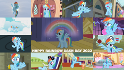 Size: 1280x721 | Tagged: safe, edit, edited screencap, editor:quoterific, imported from derpibooru, screencap, honey curls, mare e. lynn, rainbow dash, earth pony, pegasus, pony, boast busters, common ground, daring doubt, equestria games (episode), horse play, it's about time, party of one, rarity takes manehattan, season 1, season 2, season 3, season 4, season 5, season 6, season 8, season 9, swarm of the century, sweet and elite, tanks for the memories, the saddle row review, too many pinkie pies, spoiler:s08, spoiler:s09, 2022, ^^, basket, buckball, cloud, coach rainbow dash, cute, dashabetes, eyes closed, female, flying, golden oaks library, mare, open mouth, open smile, rainbow, rainbow dash day, rainbow dashs coaching whistle, sky, smiling, solo, solo focus, spread wings, sugarcube corner, sunglasses, whistle, whistle necklace, wings