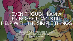 Size: 1280x720 | Tagged: safe, edit, editor:quoterific, idw, imported from derpibooru, applejack, carrot cake, colter sobchak, cup cake, diamond tiara, granny smith, jeff letrotski, pinkie pie, rainbow dash, rarity, silver spoon, theodore donald "donny" kerabatsos, earth pony, pegasus, pony, unicorn, ^^, applejack's hat, cowboy hat, eyes closed, female, filly, foal, food, hat, male, mare, open mouth, open smile, pie, ponyville days, smiling, stallion, text