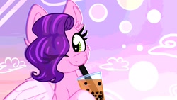 Size: 1920x1080 | Tagged: safe, artist:lbrcloud, imported from derpibooru, part of a set, pipp petals, pegasus, pony, abstract background, bubble tea, bust, eyebrows, eyebrows visible through hair, g5, looking at you, my little pony: a new generation, one eye closed, portrait, smiling, solo, wink, winking at you