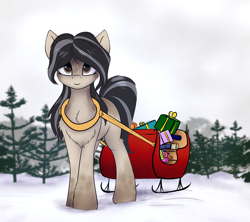 Size: 2010x1786 | Tagged: safe, artist:colourwave, imported from derpibooru, oc, oc only, oc:cold shoulder, pony, chest fluff, coat markings, female, fluffy, happy new year, holiday, looking at you, mare, present, sleigh, snow, snow mare, snowpony (species), solo, taiga pony, yakutian horse