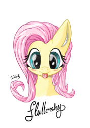 Size: 2481x3508 | Tagged: safe, artist:memprices, imported from derpibooru, fluttershy, earth pony, pony, blue eyes, blushing, bust, cute, ear fluff, female, front view, high res, looking at you, mare, mlem, pencil, portrait, shyabetes, signature, silly, simple background, smiling, solo, tongue out, white background