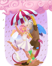 Size: 720x900 | Tagged: safe, artist:sketchytsh, imported from derpibooru, discord, princess celestia, anthro, human, antlers, armpits, chocolate, chocolate rain, clothes, cloud, crown, dislestia, dress, feet, female, food, holding hands, horn, humanized, jewelry, looking at each other, looking at someone, male, rain, regalia, shipping, straight, umbrella, wings