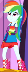 Size: 1920x4940 | Tagged: safe, imported from derpibooru, screencap, rainbow dash, eqg summertime shorts, equestria girls, make up shake up, bare shoulders, belt, boots, clothes, cropped, cute, cutie mark on clothes, dashabetes, fall formal outfits, female, fingerless gloves, gloves, hand behind back, shoes, sleeveless, smiling, solo