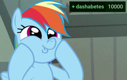 Size: 3013x1920 | Tagged: safe, edit, edited screencap, editor:itsmgh1203, imported from derpibooru, screencap, rainbow dash, pegasus, pony, derpibooru, daring don't, season 4, 10000, cropped, cute, dashabetes, dashface, derpimilestone, female, mare, meta, solo, squee, tags