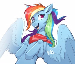 Size: 3543x3000 | Tagged: safe, artist:buvanybu, imported from derpibooru, rainbow dash, pegasus, pony, bandana, female, leg fluff, mare, open mouth, simple background, solo, white background