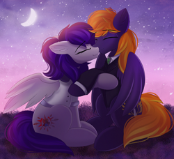 Size: 2922x2662 | Tagged: safe, artist:janelearts, imported from derpibooru, oc, oc only, pegasus, pony, crescent moon, female, male, mare, moon, pegasus oc, shipping, sky, stallion, stars, sunset, wings