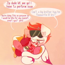 Size: 1280x1280 | Tagged: safe, artist:sockiepuppetry, imported from derpibooru, pipp petals, zipp storm, pegasus, pony, blushing, g5, happy, hat, hug, looking at each other, looking at someone, my little pony: a new generation, one eye closed, pip corolla, rule 63, sunglasses, wings, wink, zip cyclone