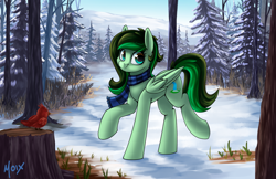 Size: 5100x3300 | Tagged: safe, artist:supermoix, imported from derpibooru, oc, oc only, oc:eden shallowleaf, bird, pegasus, pony, clothes, commission, cute, forest, forest background, high res, looking back, pine tree, scarf, scenery, smiling, snow, solo, striped scarf, tree, tree stump, winter