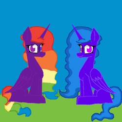 Size: 700x700 | Tagged: safe, artist:princessmoonlight, imported from derpibooru, oc, oc:moonlight stars, oc:roselight heart, alicorn, alicorn oc, dark purple coat, female, grass, grass field, horn, light purple coat, moonlight hair, multicolor eyes, multicolored hair, multicolored mane, multicolored tail, purple eyes, rainbow hair, sibling love, siblings, simple background, sister time, sisterly love, sisters, sitting, smiling, tail, wavy mane, wavy tail, wings