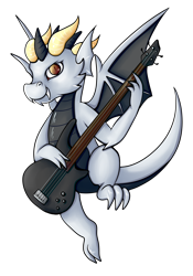 Size: 2088x2983 | Tagged: safe, artist:coco-drillo, imported from derpibooru, oc, oc:nugget, dragon, bass guitar, dragon oc, horns, jumping, leaping, musical instrument, simple background, solo, spread wings, transparent background, wings