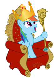 Size: 1280x1838 | Tagged: safe, artist:alltoasters, imported from derpibooru, rainbow dash, pegasus, pony, burger king, burger king crown, crown, dashicane, female, jewelry, mare, regalia, scepter, simple background, solo, throne, transparent background, vector