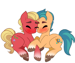 Size: 611x516 | Tagged: safe, artist:rozyfly10, imported from derpibooru, hitch trailblazer, sprout cloverleaf, earth pony, pony, blushing, colored hooves, cute, duo, duo male, eyes closed, filthy dirty friendship touching, g5, gay, happy, hitchbetes, hitchsprout, looking at each other, male, my little pony: a new generation, shipping, simple background, smiling, smiling at each other, sproutbetes, stallion, stallion on stallion, submissive, transparent background, unshorn fetlocks