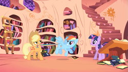 Size: 801x451 | Tagged: safe, imported from derpibooru, screencap, applejack, rainbow dash, twilight sparkle, pegasus, pony, unicorn, friendship is magic, season 1, biting, book, female, golden oaks library, library, mare, tail, tail bite, unicorn twilight