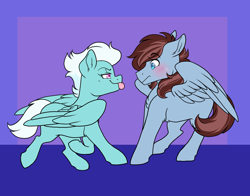 Size: 4900x3850 | Tagged: safe, artist:twisted-sketch, imported from derpibooru, fleetfoot, oc, oc:calm wind, pegasus, pony, blushing, canon x oc, commission, female, female on male, femdom, fleetwind, flirting, looking at each other, looking at someone, male, mare, mare on stallion, pegasus oc, pony oc, shipping, stallion, straight, teasing, tongue out, wonderbolts