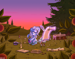 Size: 1280x1006 | Tagged: safe, artist:imvicka, imported from derpibooru, trixie, pony, unicorn, book, candle, cute, diatrixes, glowing, glowing horn, grass, grass field, horn, lidded eyes, magic, magic aura, mushroom, potion, quill, scroll, solo, telekinesis, tree, tree stump