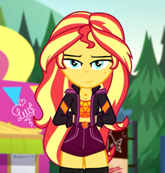 Size: 783x818 | Tagged: safe, artist:flutteryaylove, edit, edited screencap, imported from derpibooru, screencap, sunset shimmer, equestria girls, equestria girls series, sunset's backstage pass!, spoiler:eqg series (season 2), breasts, busty sunset shimmer, cleavage, clothes, female, looking at you, sexy, smiling, socks, solo, stockings, thigh highs