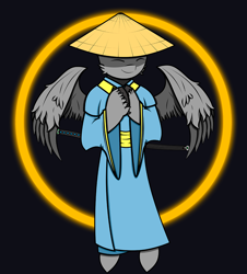 Size: 1080x1196 | Tagged: safe, artist:disgloom, derpibooru exclusive, imported from derpibooru, oc, oc only, oc:birdeyes, pegasus, semi-anthro, black background, cel shading, clothes, eyes closed, hat, hooves, japanese, katana, kimono (clothing), male, pegasus oc, samurai, shading, simple background, solo, stallion, straw hat, sword, weapon, wings