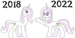 Size: 2125x1088 | Tagged: safe, artist:supahdonarudo, imported from derpibooru, fleur-de-lis, pony, unicorn, series:fleurbuary, 2018, 2022, art progress, comparison, draw this again, eyeshadow, female, improvement, makeup, mare, multeity, raised hoof, redraw, simple background, transparent background