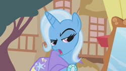 Size: 1280x720 | Tagged: safe, imported from derpibooru, screencap, trixie, pony, unicorn, boast busters, season 1, brooch, cape, clothes, female, gem, horn, jewelry, lidded eyes, mare, mirror, open mouth, raised eyebrow, solo, stars, trixie's brooch, trixie's cape