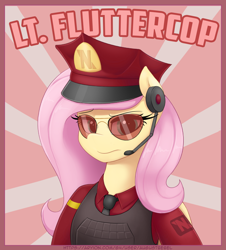 Size: 1200x1329 | Tagged: safe, artist:augustbebel, imported from derpibooru, fluttershy, bust, fluttercop, portrait, solo, space station 13, sunglasses