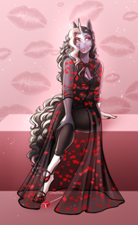 Size: 1911x3110 | Tagged: safe, artist:blackblood-queen, imported from derpibooru, oc, oc only, oc:starling quartz, anthro, unguligrade anthro, unicorn, anthro oc, breasts, cleavage, clothes, digital art, dress, eyeshadow, female, hearts and hooves day, holiday, horn, lipstick, makeup, mare, mother, sitting, unicorn oc, valentine's day