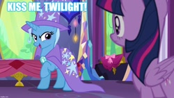 Size: 1280x720 | Tagged: safe, edit, edited screencap, imported from derpibooru, screencap, trixie, twilight sparkle, alicorn, pony, unicorn, no second prances, female, lesbian, mare, shipping, twilight sparkle (alicorn), twilight's castle, twixie