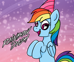 Size: 960x800 | Tagged: safe, artist:m.w., imported from derpibooru, rainbow dash, pegasus, pony, hat, open mouth, party hat, rainbow dash day, solo