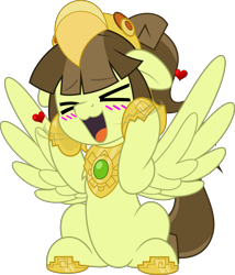 Size: 4281x5000 | Tagged: safe, artist:jhayarr23, imported from derpibooru, oc, oc only, oc:tailcoatl, pegasus, pony, :d, ><, aztec, commission, cute, excited, eyes closed, floppy ears, helmet, hooves on cheeks, mexico, nation ponies, ocbetes, open mouth, open smile, ponified, simple background, smiling, solo, squee, transparent background, wings, ych result