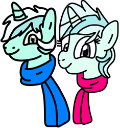 Size: 940x1000 | Tagged: safe, artist:jadeharmony, imported from derpibooru, oc, oc:riski alpine, oc:slippery slope (ice1517), pony, unicorn, icey-verse, brother and sister, bust, clothes, duo, female, male, mare, offspring, parent:double diamond, parent:lyra heartstrings, parents:lymond, scarf, siblings, simple background, stallion, transparent background, twins