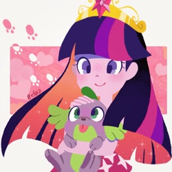 Size: 2043x2043 | Tagged: safe, artist:efuji_d, imported from derpibooru, spike, twilight sparkle, dog, equestria girls, big crown thingy, cute, duo, element of magic, female, high res, holding a dog, jewelry, male, regalia, smiling, spikabetes, spike the dog, tongue out, twiabetes, twilight sparkle (alicorn)
