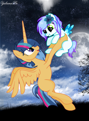 Size: 722x980 | Tagged: safe, artist:yulianapie26, imported from derpibooru, oc, oc only, alicorn, pony, alicorn oc, base used, duo, female, filly, flower, flower in hair, flying, foal, full moon, holding a pony, horn, mare, moon, night, outdoors, stars, wings