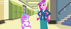 Size: 972x396 | Tagged: safe, artist:selenaede, artist:yulianapie26, imported from derpibooru, princess cadance, princess flurry heart, equestria girls, base used, dean cadance, duo, equestria girls-ified, eyes closed, female, hand on hip, indoors, mother and child, mother and daughter, older, older flurry heart, smiling