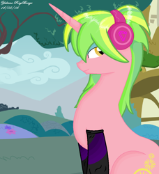 Size: 1020x1116 | Tagged: safe, artist:yulianapie26, imported from derpibooru, lemon zest, pony, unicorn, equestria girls, base used, clothes, equestria girls ponified, female, headphones, mare, outdoors, ponified, socks, solo