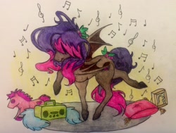 Size: 2038x1541 | Tagged: safe, artist:razledazle, imported from derpibooru, oc, oc only, bat pony, pony, bat pony oc, bat wings, dancing, hair over eyes, music notes, radio, raised hoof, solo, traditional art, wings