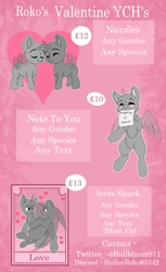 Size: 3500x5728 | Tagged: safe, artist:rokosmith26, imported from derpibooru, pony, advertisement, advertising, blushing, cheek fluff, chibi, commission, commission info, description is relevant, happy, heart, horn, looking at each other, looking at someone, simple background, standing, text, wing fluff, wings, your character here