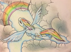 Size: 1934x1420 | Tagged: safe, artist:razledazle, imported from derpibooru, rainbow dash, pegasus, pony, cloud, colored pencil drawing, female, flying, mare, outdoors, rainbow, solo, traditional art, underhoof, wings