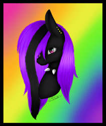 Size: 1640x1942 | Tagged: safe, artist:maneblue, imported from derpibooru, oc, oc only, earth pony, pony, abstract background, bust, choker, ear piercing, earth pony oc, female, mare, piercing, signature, solo, spiked choker