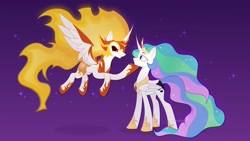 Size: 4096x2307 | Tagged: safe, artist:arina-gremyako, imported from derpibooru, daybreaker, princess celestia, alicorn, pony, a royal problem, crown, duo, female, hoof on chin, hoof shoes, jewelry, looking at each other, looking at someone, mare, raised hoof, regalia, scene interpretation, swapped cutie marks