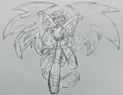 Size: 2344x1812 | Tagged: safe, artist:shadowhawx, imported from ponybooru, sunset shimmer, equestria girls, my past is not today, black and white, boots, clothes, flying, grayscale, monochrome, photo, shirt, shoes, shorts, sketch, solo, sunset phoenix, traditional art, wings