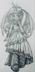 Size: 783x1598 | Tagged: safe, artist:shadowhawx, imported from ponybooru, princess cadance, equestria girls, black and white, clothes, dress, equestria girls-ified, grayscale, high heels, horn, jewelry, looking at you, monochrome, photo, shoes, solo, stockings, thigh highs, tiara, traditional art, wings