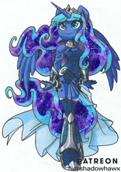 Size: 1024x1445 | Tagged: safe, artist:shadowhawx, imported from ponybooru, princess luna, alicorn, anthro, unguligrade anthro, boots, clothes, jewelry, see-through, shoes, simple background, solo, tiara, traditional art, white background