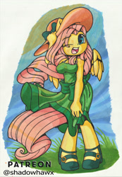 Size: 3086x4455 | Tagged: safe, artist:shadowhawx, imported from ponybooru, fluttershy, anthro, pegasus, unguligrade anthro, clothes, dress, hat, looking at you, one eye closed, sandals, solo, sundress, sunhat, traditional art, wink, winking at you