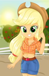 Size: 650x997 | Tagged: artist needed, source needed, safe, imported from derpibooru, applejack, equestria girls, apple, apple tree, applejack's hat, clothes, cowboy hat, cute, draw, female, food, freckles, hat, jackabetes, looking at you, midriff, shorts, smiling, sun, sweet apple acres, tree