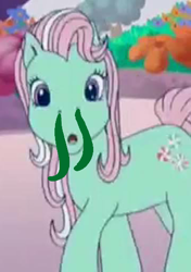 Size: 360x512 | Tagged: safe, edit, edited screencap, imported from derpibooru, screencap, minty, earth pony, pony, 1000 hours in ms paint, :o, bad edit, cropped, disgusting, editor needed, eww, g3, looking at you, lowres, open mouth, snot, snot edit, wat, wtf