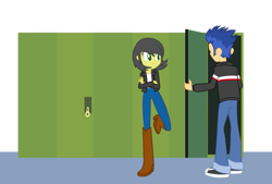 Size: 1087x735 | Tagged: safe, artist:paulyvectors, imported from derpibooru, flash sentry, oc, oc:pauly sentry, equestria girls, boots, clothes, duo, high heel boots, jacket, jeans, lockers, pants, shirt, shoes, simple background, transparent background