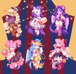 Size: 2048x1990 | Tagged: safe, artist:leafywind, imported from ponybooru, applejack, fluttershy, pinkie pie, rainbow dash, rarity, twilight sparkle, alicorn, earth pony, pegasus, pony, unicorn, accordion, alternate hairstyle, ball, bipedal, bow, braid, braided tail, bunting, circus, clothes, cute, dress, drums, female, hair bow, hat, jester hat, juggling, loop-de-hoop, mane six, mare, musical instrument, pinktails pie, ruff (clothing), tail, twilight sparkle (alicorn)