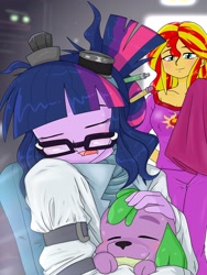 Size: 1536x2048 | Tagged: safe, artist:batipin, imported from derpibooru, sci-twi, spike, sunset shimmer, twilight sparkle, dog, equestria girls, glasses, pen, pencil, sleeping, spike the dog, trio